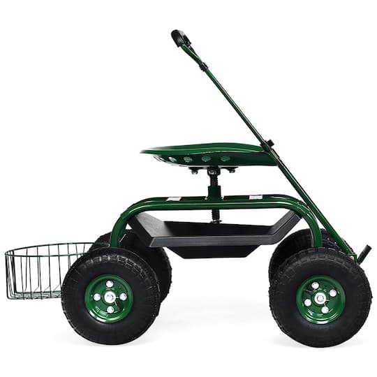 Costway Green & Black Garden Cart Rolling Work Seat with Tray Basket Extendable Handle